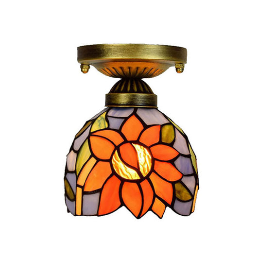6 Inch Rustic Orange Ceiling Lamp Sunflower 1 Head Stained Glass Flush Ceiling Light for Corridor Clearhalo 'Ceiling Lights' 'Chandeliers' 'Close To Ceiling Lights' 'Close to ceiling' 'Glass shade' 'Glass' 'Pendant Lights' 'Semi-flushmount' 'Tiffany close to ceiling' 'Tiffany' Lighting' 178896