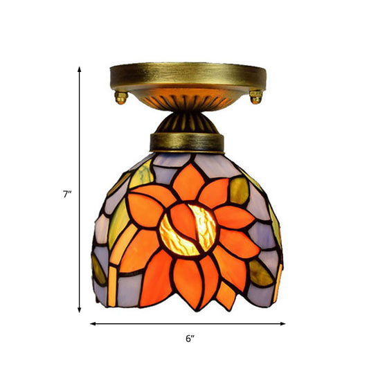 6 Inch Rustic Orange Ceiling Lamp Sunflower 1 Head Stained Glass Flush Ceiling Light for Corridor Clearhalo 'Ceiling Lights' 'Chandeliers' 'Close To Ceiling Lights' 'Close to ceiling' 'Glass shade' 'Glass' 'Pendant Lights' 'Semi-flushmount' 'Tiffany close to ceiling' 'Tiffany' Lighting' 178897