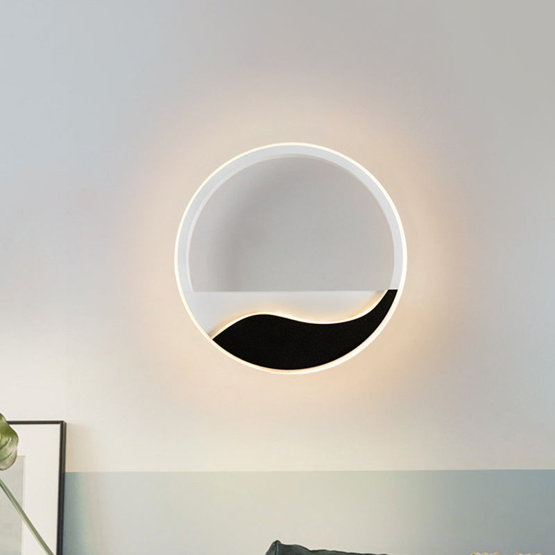 Bedroom LED Flush Mount Wall Light Minimalist Black-White Sconce with Wave Patterned Round/Square Acrylic Frame, Warm/White Light Black-White Round Clearhalo 'Modern wall lights' 'Modern' 'Wall Lamps & Sconces' 'Wall Lights' Lighting' 1788992