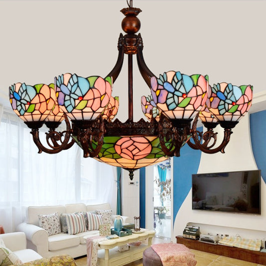 Multi-Head Bird Rose Chandelier Rustic Tiffany Stained Glass Hanging Light in Pink for Villa Clearhalo 'Ceiling Lights' 'Chandeliers' 'Industrial' 'Middle Century Chandeliers' 'Tiffany Chandeliers' 'Tiffany close to ceiling' 'Tiffany' Lighting' 178899