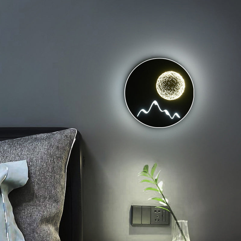 Mini Round/Square Thin LED Flush Mount Nordic Metal Bedroom Wall Light Sconce in Black/White/Grey with Full Moon-Mountain Pattern Clearhalo 'Cast Iron' 'Glass' 'Industrial' 'Modern wall lights' 'Modern' 'Tiffany' 'Traditional wall lights' 'Wall Lamps & Sconces' 'Wall Lights' Lighting' 1789001