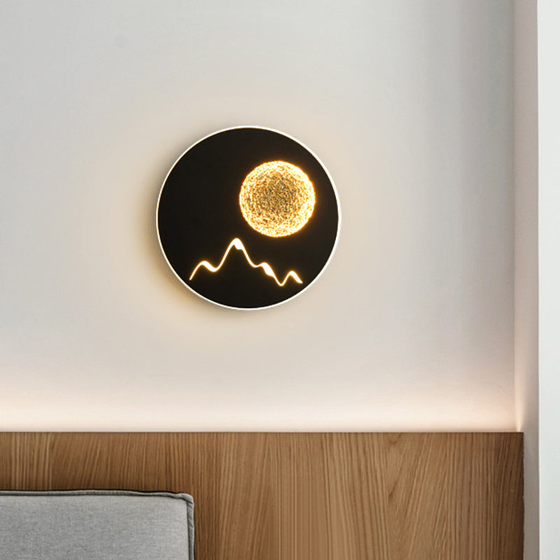 Mini Round/Square Thin LED Flush Mount Nordic Metal Bedroom Wall Light Sconce in Black/White/Grey with Full Moon-Mountain Pattern Black Round Clearhalo 'Cast Iron' 'Glass' 'Industrial' 'Modern wall lights' 'Modern' 'Tiffany' 'Traditional wall lights' 'Wall Lamps & Sconces' 'Wall Lights' Lighting' 1789002