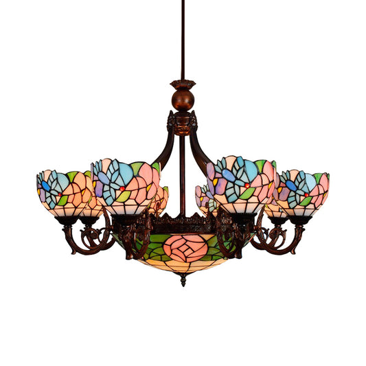 Multi-Head Bird Rose Chandelier Rustic Tiffany Stained Glass Hanging Light in Pink for Villa Clearhalo 'Ceiling Lights' 'Chandeliers' 'Industrial' 'Middle Century Chandeliers' 'Tiffany Chandeliers' 'Tiffany close to ceiling' 'Tiffany' Lighting' 178900