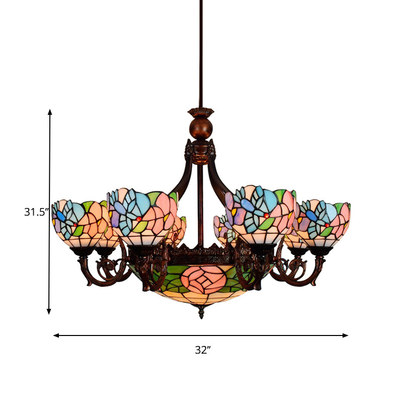Multi-Head Bird Rose Chandelier Rustic Tiffany Stained Glass Hanging Light in Pink for Villa Clearhalo 'Ceiling Lights' 'Chandeliers' 'Industrial' 'Middle Century Chandeliers' 'Tiffany Chandeliers' 'Tiffany close to ceiling' 'Tiffany' Lighting' 178901