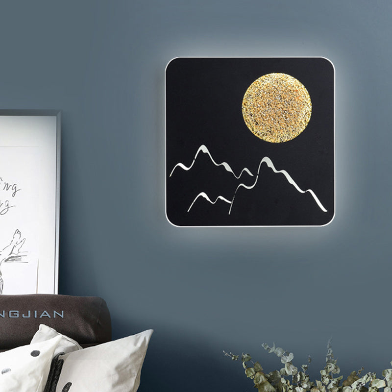 Mini Round/Square Thin LED Flush Mount Nordic Metal Bedroom Wall Light Sconce in Black/White/Grey with Full Moon-Mountain Pattern Black Square Plate Clearhalo 'Cast Iron' 'Glass' 'Industrial' 'Modern wall lights' 'Modern' 'Tiffany' 'Traditional wall lights' 'Wall Lamps & Sconces' 'Wall Lights' Lighting' 1789014
