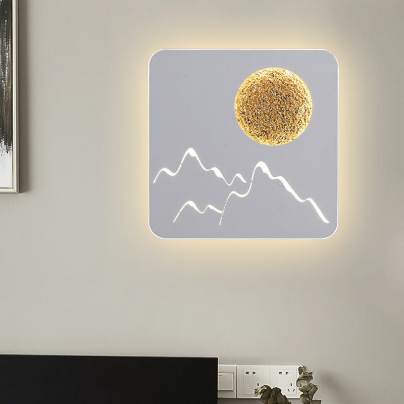 Mini Round/Square Thin LED Flush Mount Nordic Metal Bedroom Wall Light Sconce in Black/White/Grey with Full Moon-Mountain Pattern White Square Plate Clearhalo 'Cast Iron' 'Glass' 'Industrial' 'Modern wall lights' 'Modern' 'Tiffany' 'Traditional wall lights' 'Wall Lamps & Sconces' 'Wall Lights' Lighting' 1789019