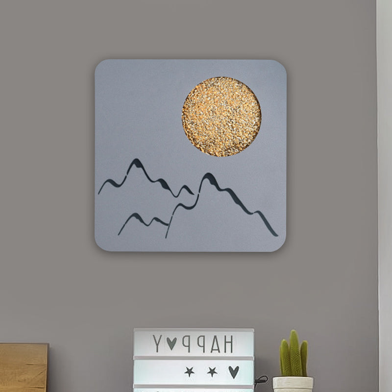 Mini Round/Square Thin LED Flush Mount Nordic Metal Bedroom Wall Light Sconce in Black/White/Grey with Full Moon-Mountain Pattern Grey Square Plate Clearhalo 'Cast Iron' 'Glass' 'Industrial' 'Modern wall lights' 'Modern' 'Tiffany' 'Traditional wall lights' 'Wall Lamps & Sconces' 'Wall Lights' Lighting' 1789023