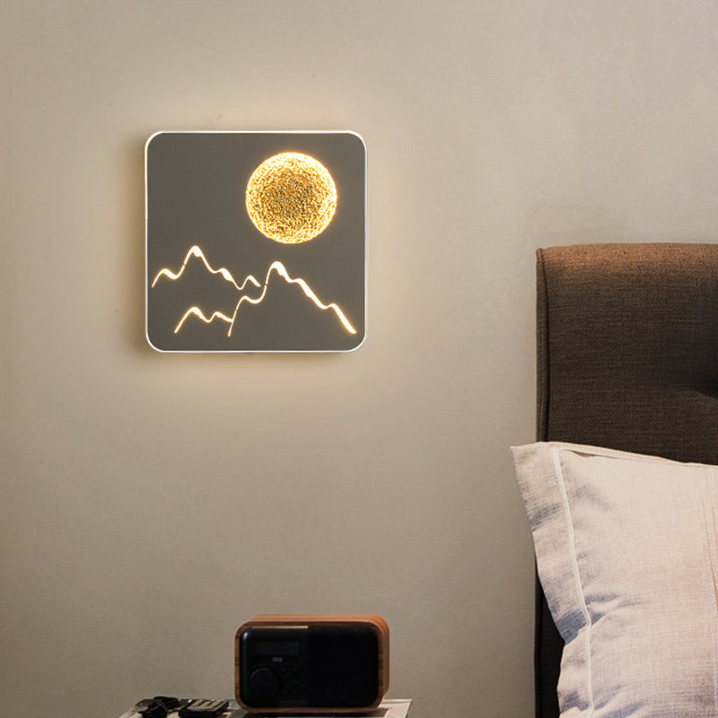 Mini Round/Square Thin LED Flush Mount Nordic Metal Bedroom Wall Light Sconce in Black/White/Grey with Full Moon-Mountain Pattern Clearhalo 'Cast Iron' 'Glass' 'Industrial' 'Modern wall lights' 'Modern' 'Tiffany' 'Traditional wall lights' 'Wall Lamps & Sconces' 'Wall Lights' Lighting' 1789024