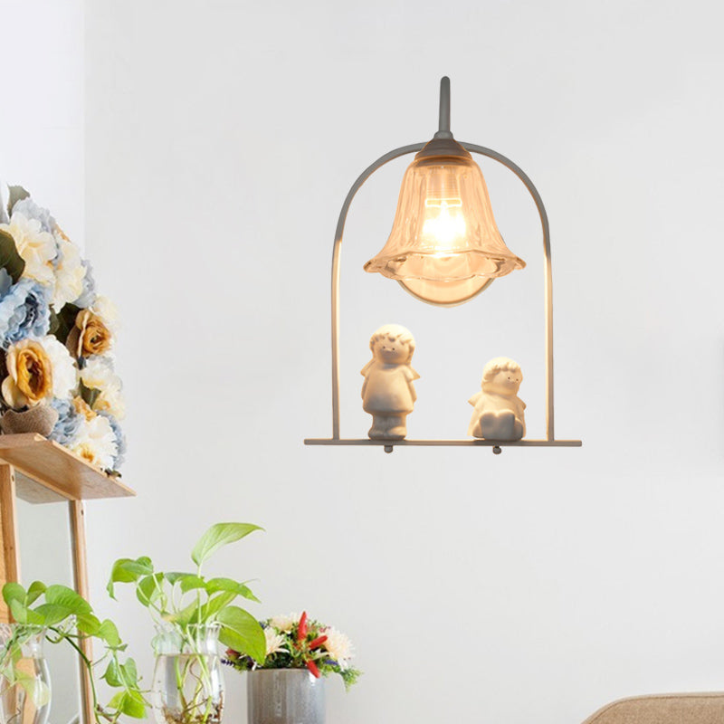 White Arched Frame Pendulum Light Nordic 1 Head Iron Pendant Lighting with Flower Glass Shade and Resin Angel Deco Clearhalo 'Cast Iron' 'Glass' 'Industrial' 'Modern wall lights' 'Modern' 'Tiffany' 'Traditional wall lights' 'Wall Lamps & Sconces' 'Wall Lights' Lighting' 1789060