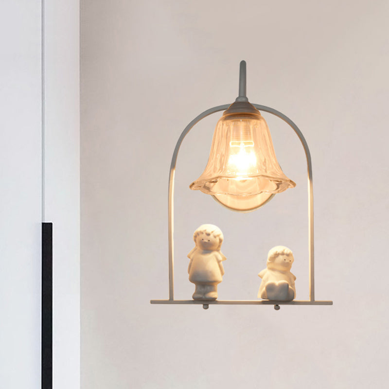 White Arched Frame Pendulum Light Nordic 1 Head Iron Pendant Lighting with Flower Glass Shade and Resin Angel Deco White Clearhalo 'Cast Iron' 'Glass' 'Industrial' 'Modern wall lights' 'Modern' 'Tiffany' 'Traditional wall lights' 'Wall Lamps & Sconces' 'Wall Lights' Lighting' 1789061