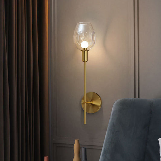 Dimpled Cup Clear Glass Wall Light Minimalist Single Gold Sconce Lamp with Pencil Arm for Hallway Clearhalo 'Cast Iron' 'Glass' 'Industrial' 'Modern wall lights' 'Modern' 'Tiffany' 'Traditional wall lights' 'Wall Lamps & Sconces' 'Wall Lights' Lighting' 1789065