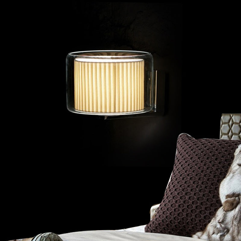 Beige Drum Wall Lamp Modernist 1 Head Pleated Fabric Sconce Light Fixture with Exterior Transparent Glass Shade Clearhalo 'Cast Iron' 'Glass' 'Industrial' 'Modern wall lights' 'Modern' 'Tiffany' 'Traditional wall lights' 'Wall Lamps & Sconces' 'Wall Lights' Lighting' 1789072
