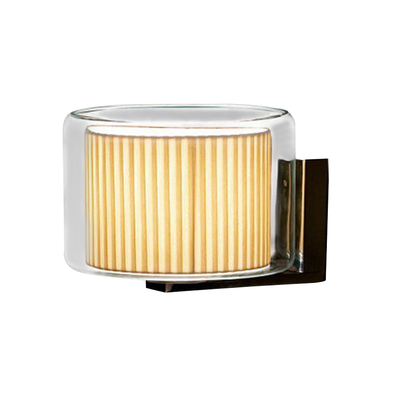 Beige Drum Wall Lamp Modernist 1 Head Pleated Fabric Sconce Light Fixture with Exterior Transparent Glass Shade Clearhalo 'Cast Iron' 'Glass' 'Industrial' 'Modern wall lights' 'Modern' 'Tiffany' 'Traditional wall lights' 'Wall Lamps & Sconces' 'Wall Lights' Lighting' 1789073