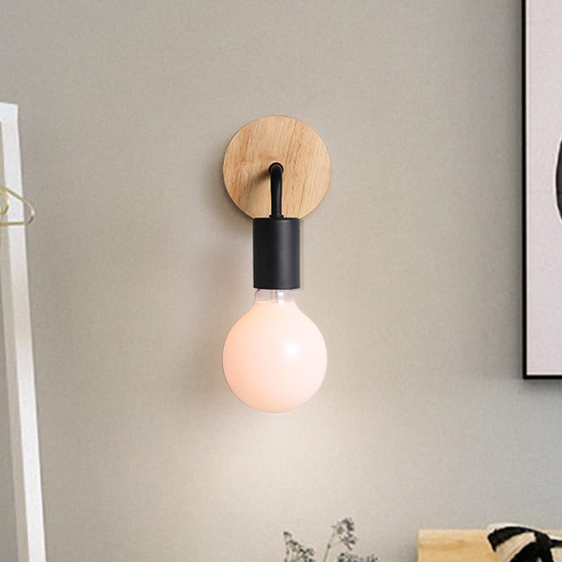 Iron Bend Rotatable Wall Lighting Minimalist 1 Head Black/White-Wood Sconce with Exposed Bulb Design Clearhalo 'Modern wall lights' 'Modern' 'Wall Lamps & Sconces' 'Wall Lights' Lighting' 1789080