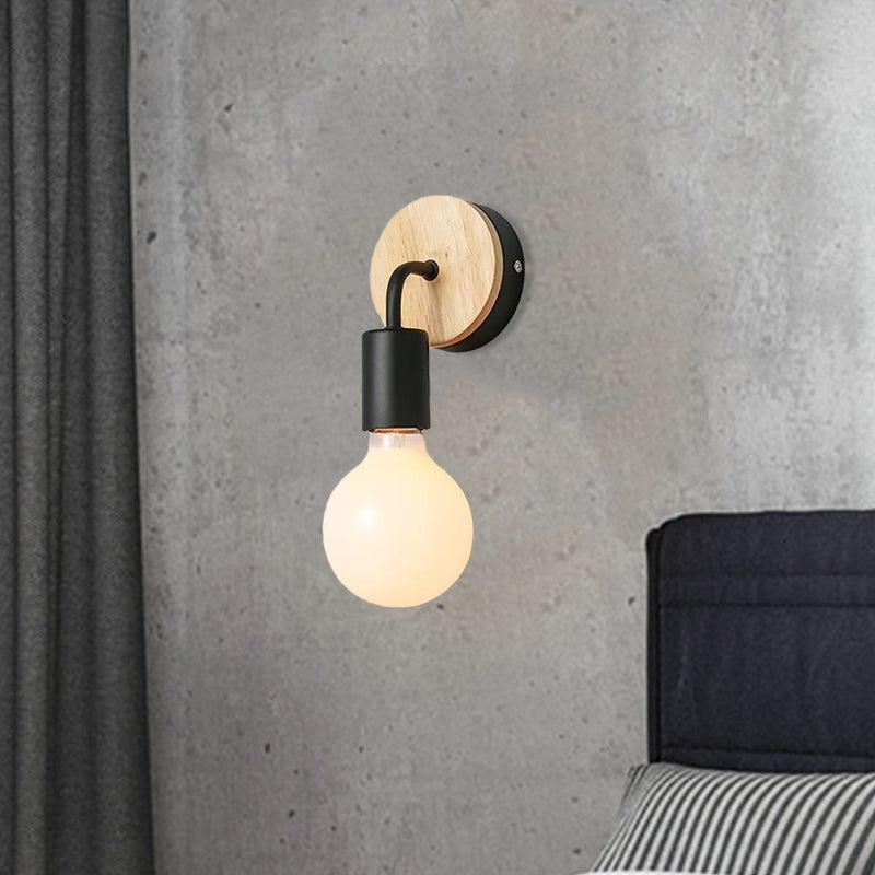 Iron Bend Rotatable Wall Lighting Minimalist 1 Head Black/White-Wood Sconce with Exposed Bulb Design Clearhalo 'Modern wall lights' 'Modern' 'Wall Lamps & Sconces' 'Wall Lights' Lighting' 1789082