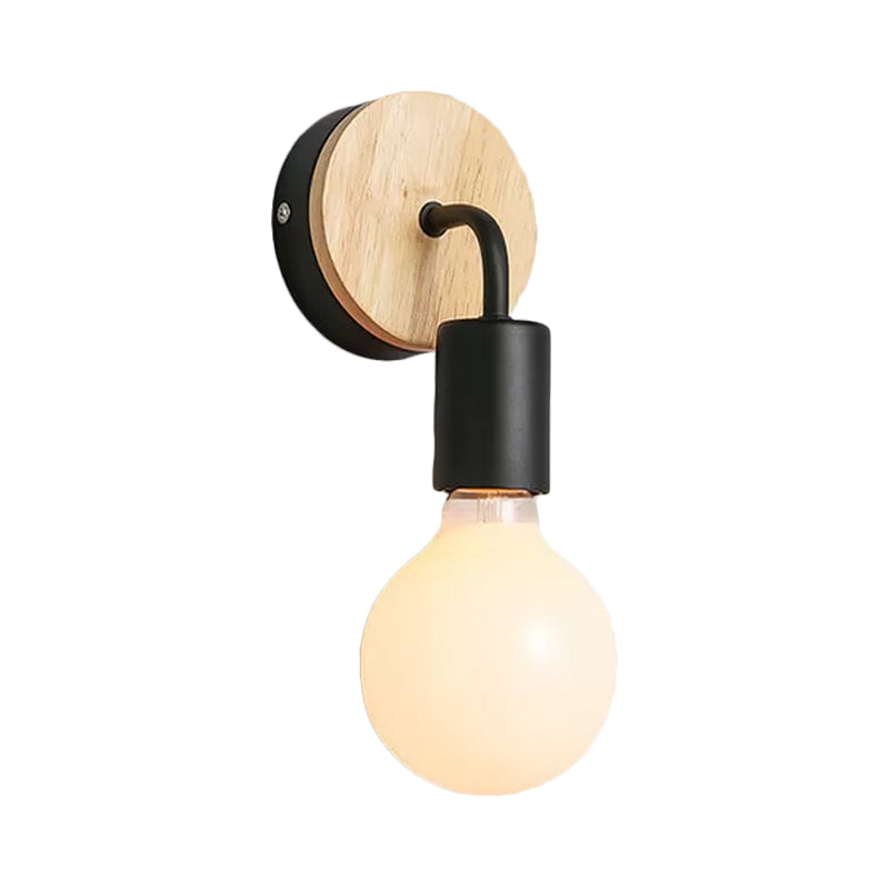 Iron Bend Rotatable Wall Lighting Minimalist 1 Head Black/White-Wood Sconce with Exposed Bulb Design Clearhalo 'Modern wall lights' 'Modern' 'Wall Lamps & Sconces' 'Wall Lights' Lighting' 1789083