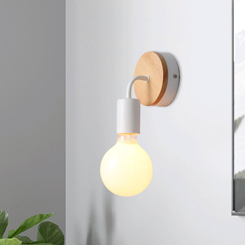 Iron Bend Rotatable Wall Lighting Minimalist 1 Head Black/White-Wood Sconce with Exposed Bulb Design Clearhalo 'Modern wall lights' 'Modern' 'Wall Lamps & Sconces' 'Wall Lights' Lighting' 1789086