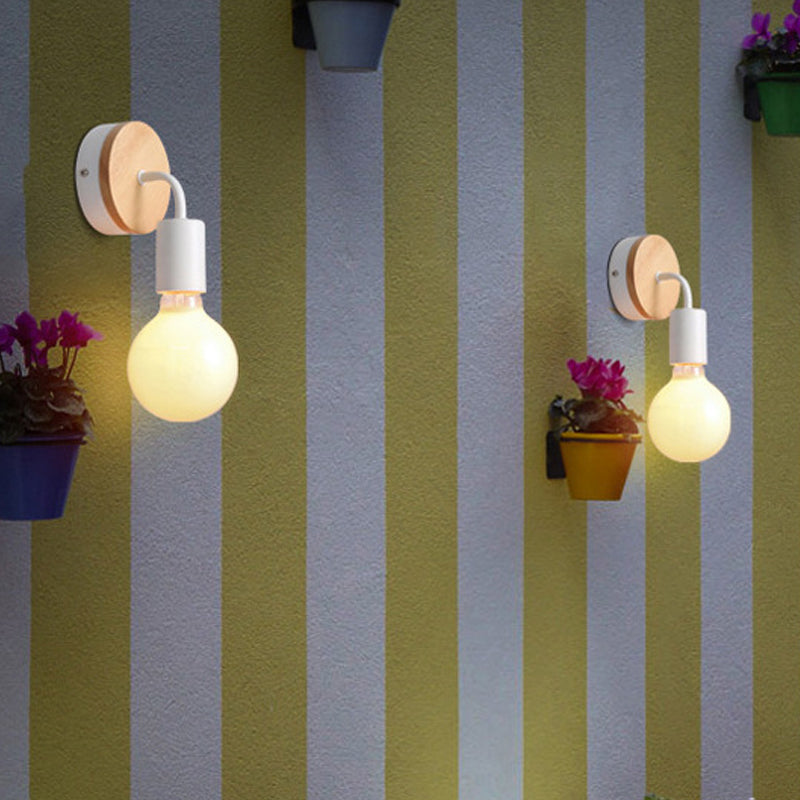 Iron Bend Rotatable Wall Lighting Minimalist 1 Head Black/White-Wood Sconce with Exposed Bulb Design Clearhalo 'Modern wall lights' 'Modern' 'Wall Lamps & Sconces' 'Wall Lights' Lighting' 1789087