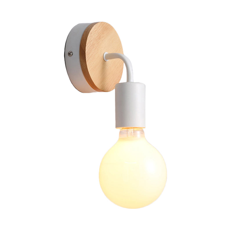 Iron Bend Rotatable Wall Lighting Minimalist 1 Head Black/White-Wood Sconce with Exposed Bulb Design Clearhalo 'Modern wall lights' 'Modern' 'Wall Lamps & Sconces' 'Wall Lights' Lighting' 1789088