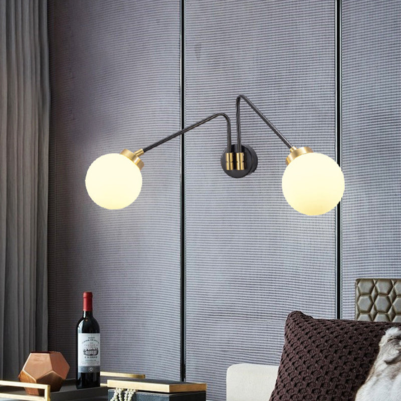Angled Arm Bedside Wall Mount Light Hand Blown Milk Glass 2 Bulbs Minimalism Sconce Ideas in Black Clearhalo 'Cast Iron' 'Glass' 'Industrial' 'Modern wall lights' 'Modern' 'Tiffany' 'Traditional wall lights' 'Wall Lamps & Sconces' 'Wall Lights' Lighting' 1789089