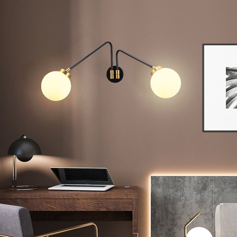 Angled Arm Bedside Wall Mount Light Hand Blown Milk Glass 2 Bulbs Minimalism Sconce Ideas in Black Clearhalo 'Cast Iron' 'Glass' 'Industrial' 'Modern wall lights' 'Modern' 'Tiffany' 'Traditional wall lights' 'Wall Lamps & Sconces' 'Wall Lights' Lighting' 1789091