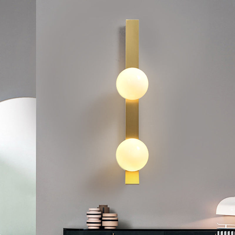 Brass Linear Wall Light Fixture Vintage 2 Heads Metallic Sconce Lamp with Orb Ivory Glass Shade Clearhalo 'Cast Iron' 'Glass' 'Industrial' 'Modern wall lights' 'Modern' 'Tiffany' 'Traditional wall lights' 'Wall Lamps & Sconces' 'Wall Lights' Lighting' 1789094