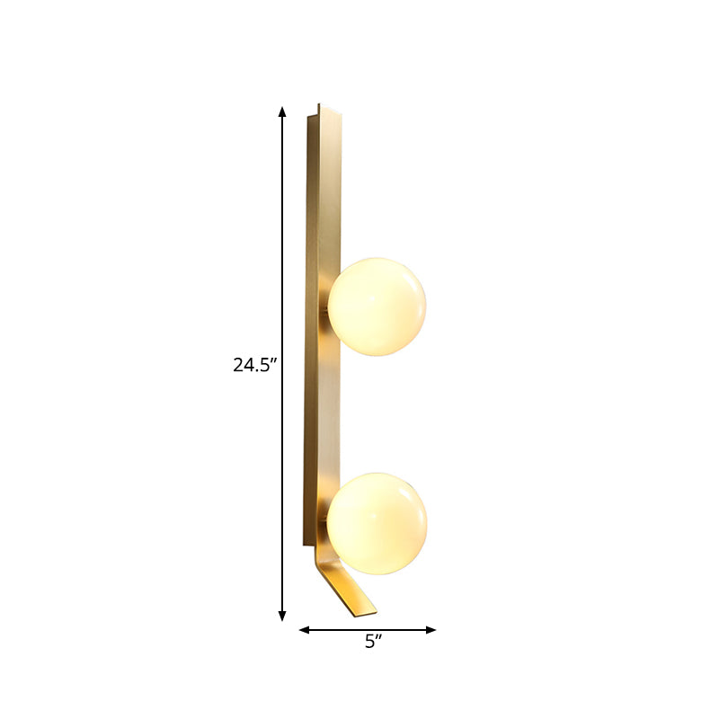 Brass Linear Wall Light Fixture Vintage 2 Heads Metallic Sconce Lamp with Orb Ivory Glass Shade Clearhalo 'Cast Iron' 'Glass' 'Industrial' 'Modern wall lights' 'Modern' 'Tiffany' 'Traditional wall lights' 'Wall Lamps & Sconces' 'Wall Lights' Lighting' 1789098