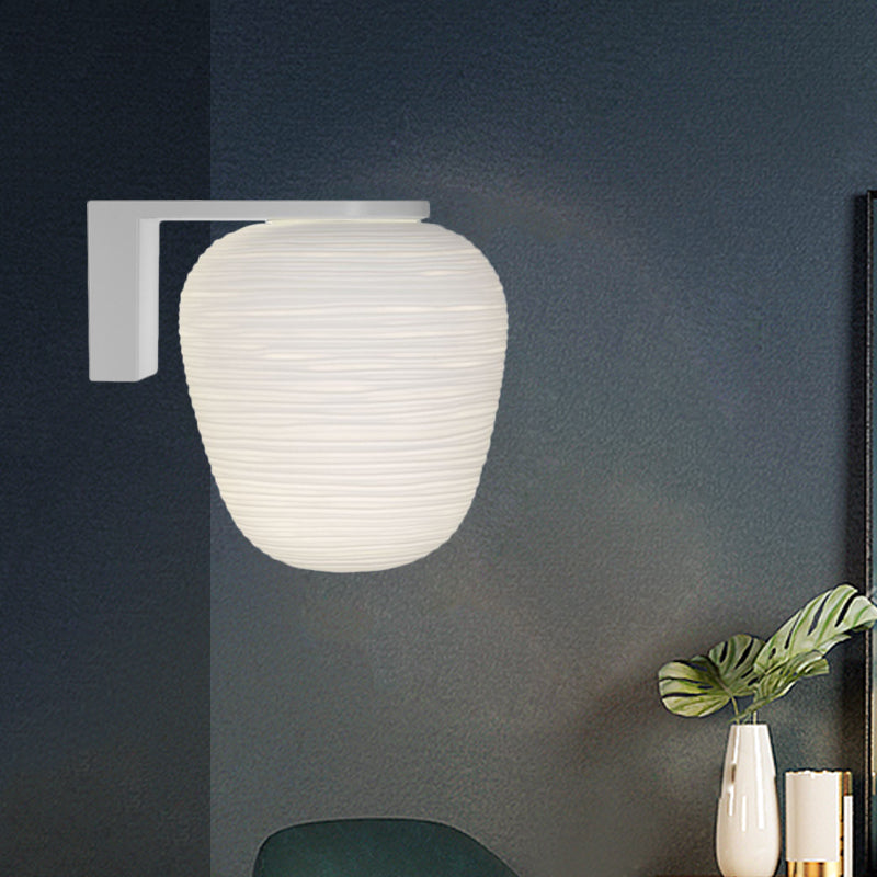 Milky Ribbed Glass Ovoid Sconce Ideas Simple 1-Light White Wall Mounted Lighting with Arm Clearhalo 'Cast Iron' 'Glass' 'Industrial' 'Modern wall lights' 'Modern' 'Tiffany' 'Traditional wall lights' 'Wall Lamps & Sconces' 'Wall Lights' Lighting' 1789099