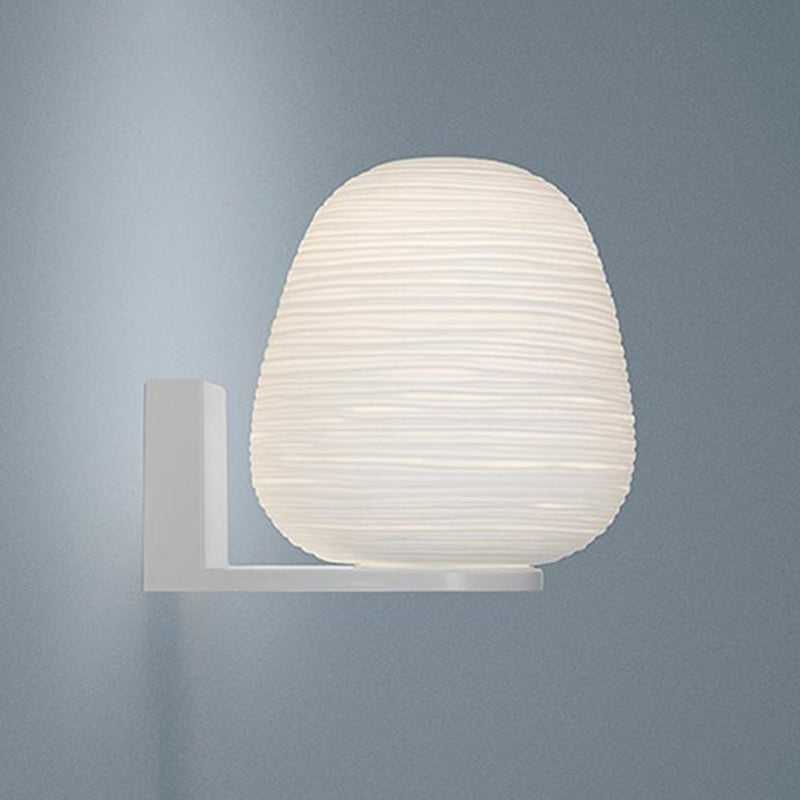 Milky Ribbed Glass Ovoid Sconce Ideas Simple 1-Light White Wall Mounted Lighting with Arm Clearhalo 'Cast Iron' 'Glass' 'Industrial' 'Modern wall lights' 'Modern' 'Tiffany' 'Traditional wall lights' 'Wall Lamps & Sconces' 'Wall Lights' Lighting' 1789102
