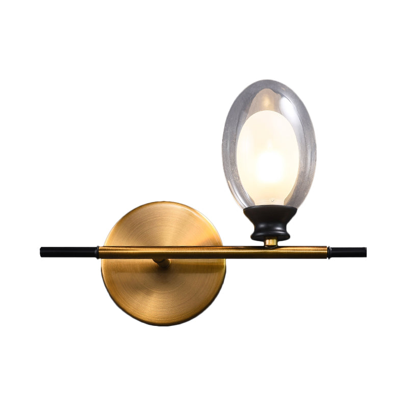 Brass Straight Rod Wall Lamp Mid Century 1 Head Metal Sconce Ideas with Dual Oval Clear/Amber Glass Shade Clearhalo 'Cast Iron' 'Glass' 'Industrial' 'Modern wall lights' 'Modern' 'Tiffany' 'Traditional wall lights' 'Wall Lamps & Sconces' 'Wall Lights' Lighting' 1789125