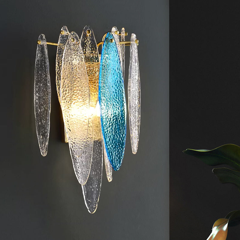 Layered Oval Flake Wall Lighting Ideas Retro Stylish Blue/Clear Seedy Glass 2-Light Parlor Sconce Lamp Blue Clearhalo 'Cast Iron' 'Glass' 'Industrial' 'Modern wall lights' 'Modern' 'Tiffany' 'Traditional wall lights' 'Wall Lamps & Sconces' 'Wall Lights' Lighting' 1789138