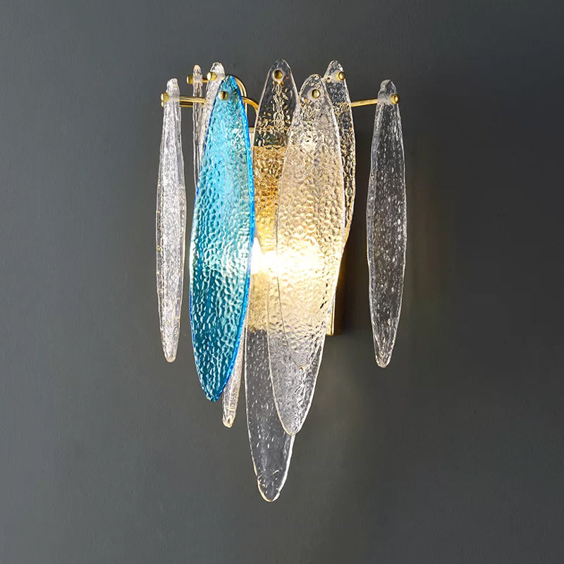 Layered Oval Flake Wall Lighting Ideas Retro Stylish Blue/Clear Seedy Glass 2-Light Parlor Sconce Lamp Clearhalo 'Cast Iron' 'Glass' 'Industrial' 'Modern wall lights' 'Modern' 'Tiffany' 'Traditional wall lights' 'Wall Lamps & Sconces' 'Wall Lights' Lighting' 1789140