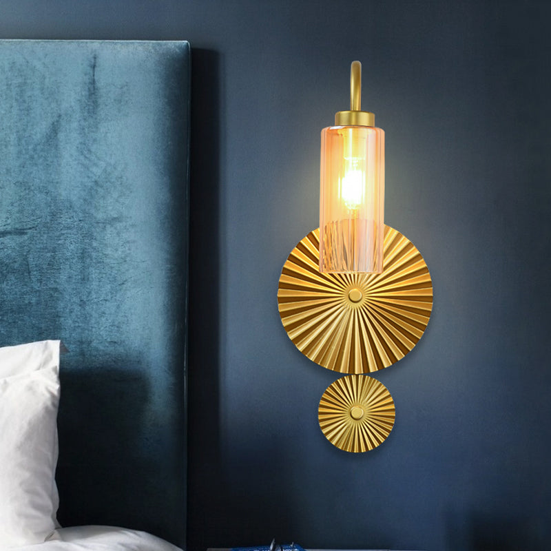 Brass Gooseneck Wall Mounted Lamp Mid Century 1 Head Iron Sconce Lighting with Clear/Amber Glass Shade and Scallop Backplate Clearhalo 'Cast Iron' 'Glass' 'Industrial' 'Modern wall lights' 'Modern' 'Tiffany' 'Traditional wall lights' 'Wall Lamps & Sconces' 'Wall Lights' Lighting' 1789146