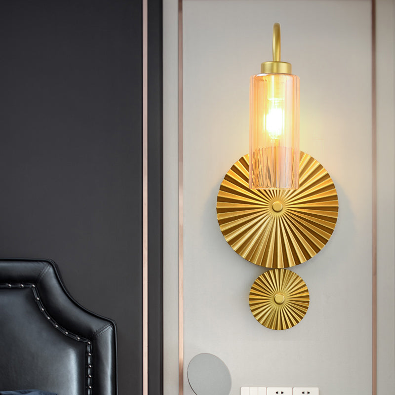 Brass Gooseneck Wall Mounted Lamp Mid Century 1 Head Iron Sconce Lighting with Clear/Amber Glass Shade and Scallop Backplate Amber Clearhalo 'Cast Iron' 'Glass' 'Industrial' 'Modern wall lights' 'Modern' 'Tiffany' 'Traditional wall lights' 'Wall Lamps & Sconces' 'Wall Lights' Lighting' 1789147