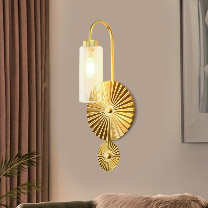 Brass Gooseneck Wall Mounted Lamp Mid Century 1 Head Iron Sconce Lighting with Clear/Amber Glass Shade and Scallop Backplate Clear Clearhalo 'Cast Iron' 'Glass' 'Industrial' 'Modern wall lights' 'Modern' 'Tiffany' 'Traditional wall lights' 'Wall Lamps & Sconces' 'Wall Lights' Lighting' 1789151