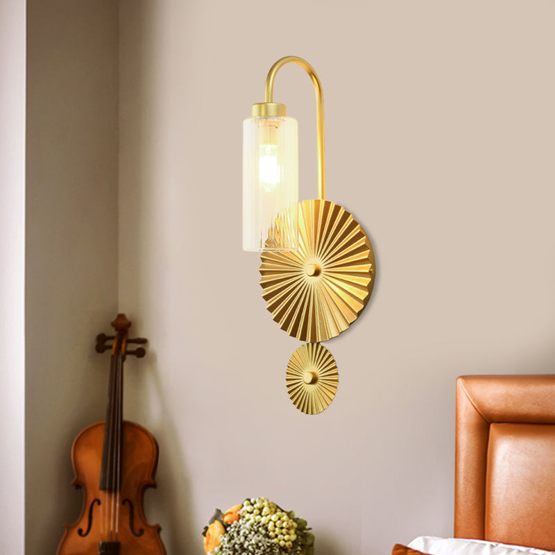 Brass Gooseneck Wall Mounted Lamp Mid Century 1 Head Iron Sconce Lighting with Clear/Amber Glass Shade and Scallop Backplate Clearhalo 'Cast Iron' 'Glass' 'Industrial' 'Modern wall lights' 'Modern' 'Tiffany' 'Traditional wall lights' 'Wall Lamps & Sconces' 'Wall Lights' Lighting' 1789152