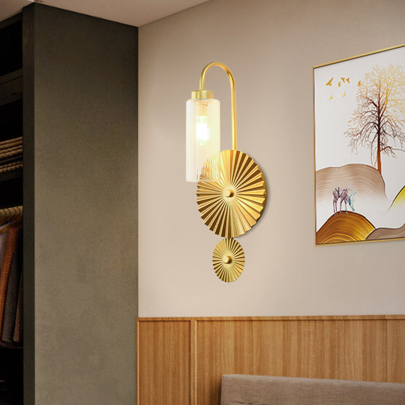 Brass Gooseneck Wall Mounted Lamp Mid Century 1 Head Iron Sconce Lighting with Clear/Amber Glass Shade and Scallop Backplate Clearhalo 'Cast Iron' 'Glass' 'Industrial' 'Modern wall lights' 'Modern' 'Tiffany' 'Traditional wall lights' 'Wall Lamps & Sconces' 'Wall Lights' Lighting' 1789153