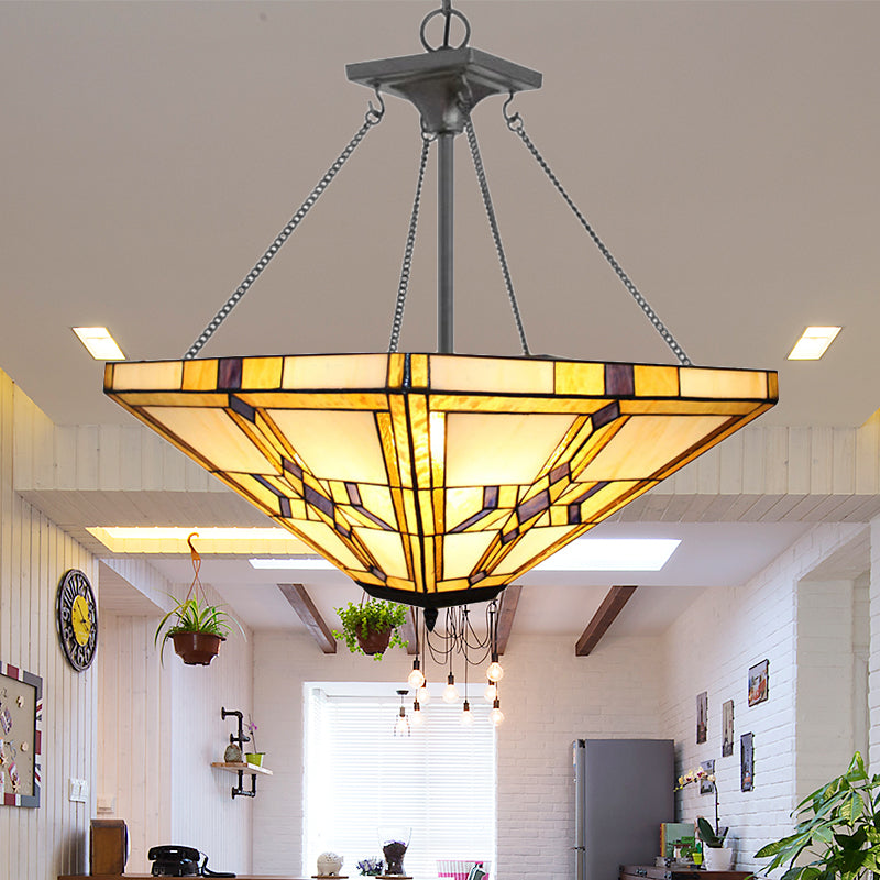 19.5"/27.5" Wide Tiffany Vintage Pyramid Chandelier Stained Glass Inverted Pendant Light in Beige for Bedroom Beige Clearhalo 'Ceiling Lights' 'Chandeliers' 'Industrial' 'Middle Century Chandeliers' 'Tiffany Chandeliers' 'Tiffany close to ceiling' 'Tiffany' Lighting' 178916