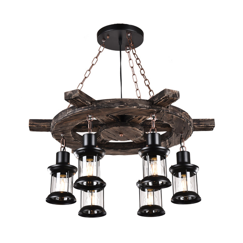6-Light Clear Glass Drop Pendant Factory Black/Gray Kerosene Chandelier Lighting with Wood Rudder Deco Clearhalo 'Cast Iron' 'Ceiling Lights' 'Chandeliers' 'Industrial Chandeliers' 'Industrial' 'Metal' 'Middle Century Chandeliers' 'Rustic Chandeliers' 'Tiffany' Lighting' 1789164