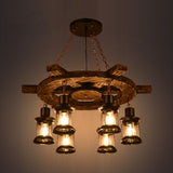 6-Light Clear Glass Drop Pendant Factory Black/Gray Kerosene Chandelier Lighting with Wood Rudder Deco Clearhalo 'Cast Iron' 'Ceiling Lights' 'Chandeliers' 'Industrial Chandeliers' 'Industrial' 'Metal' 'Middle Century Chandeliers' 'Rustic Chandeliers' 'Tiffany' Lighting' 1789166