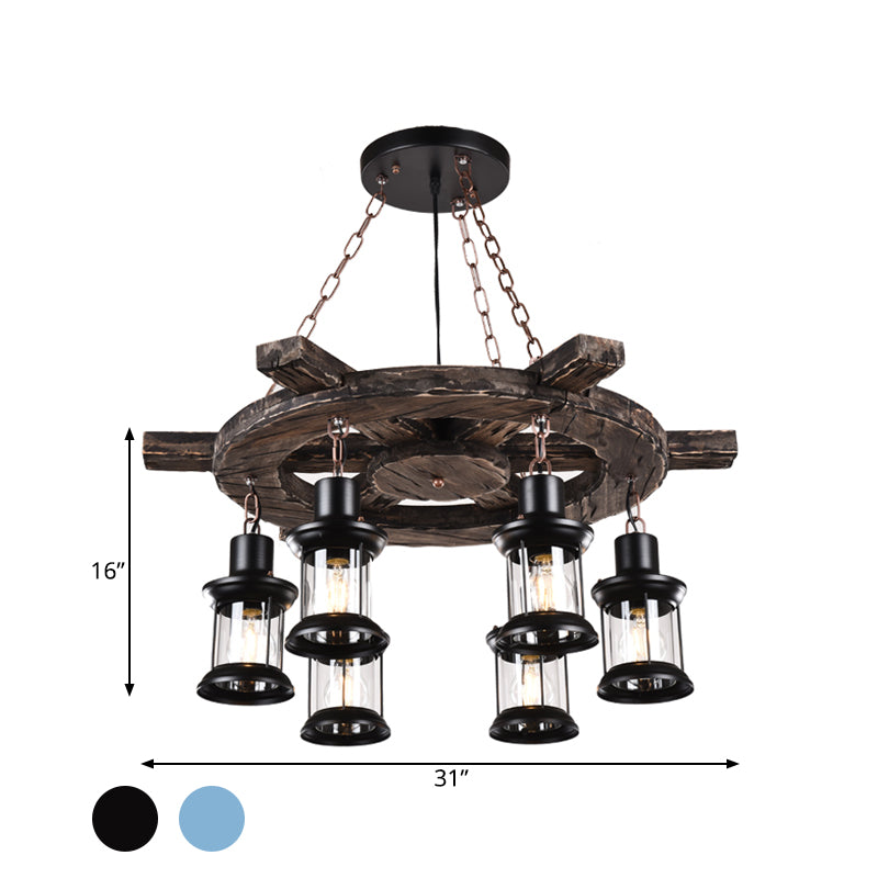 6-Light Clear Glass Drop Pendant Factory Black/Gray Kerosene Chandelier Lighting with Wood Rudder Deco Clearhalo 'Cast Iron' 'Ceiling Lights' 'Chandeliers' 'Industrial Chandeliers' 'Industrial' 'Metal' 'Middle Century Chandeliers' 'Rustic Chandeliers' 'Tiffany' Lighting' 1789167