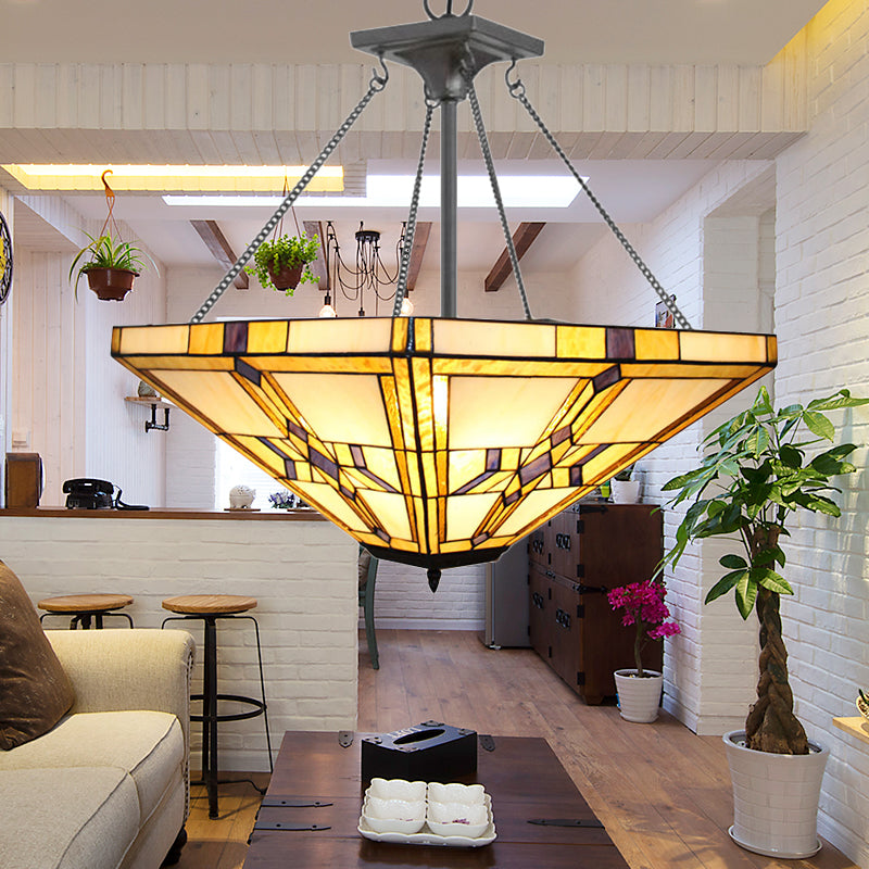 19.5"/27.5" Wide Tiffany Vintage Pyramid Chandelier Stained Glass Inverted Pendant Light in Beige for Bedroom Clearhalo 'Ceiling Lights' 'Chandeliers' 'Industrial' 'Middle Century Chandeliers' 'Tiffany Chandeliers' 'Tiffany close to ceiling' 'Tiffany' Lighting' 178917