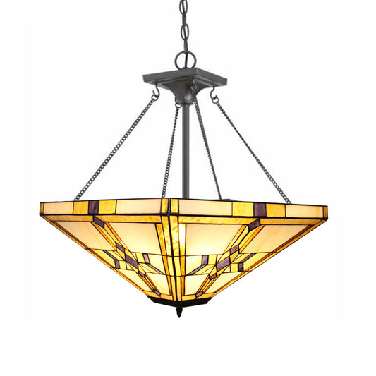 19.5"/27.5" Wide Tiffany Vintage Pyramid Chandelier Stained Glass Inverted Pendant Light in Beige for Bedroom Clearhalo 'Ceiling Lights' 'Chandeliers' 'Industrial' 'Middle Century Chandeliers' 'Tiffany Chandeliers' 'Tiffany close to ceiling' 'Tiffany' Lighting' 178918