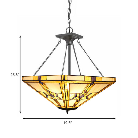 19.5"/27.5" Wide Tiffany Vintage Pyramid Chandelier Stained Glass Inverted Pendant Light in Beige for Bedroom Clearhalo 'Ceiling Lights' 'Chandeliers' 'Industrial' 'Middle Century Chandeliers' 'Tiffany Chandeliers' 'Tiffany close to ceiling' 'Tiffany' Lighting' 178919