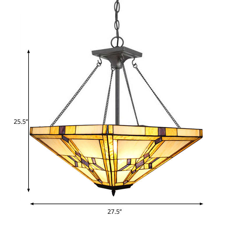 19.5"/27.5" Wide Tiffany Vintage Pyramid Chandelier Stained Glass Inverted Pendant Light in Beige for Bedroom Clearhalo 'Ceiling Lights' 'Chandeliers' 'Industrial' 'Middle Century Chandeliers' 'Tiffany Chandeliers' 'Tiffany close to ceiling' 'Tiffany' Lighting' 178920