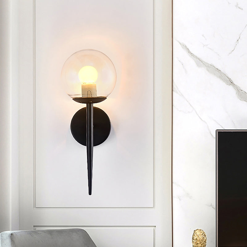 Mini Sphere Living Room Wall Lamp Clear Glass 1 Light Minimalism Sconce Ideas with Pencil Arm in Black/Gold Clearhalo 'Cast Iron' 'Glass' 'Industrial' 'Modern wall lights' 'Modern' 'Tiffany' 'Traditional wall lights' 'Wall Lamps & Sconces' 'Wall Lights' Lighting' 1789210