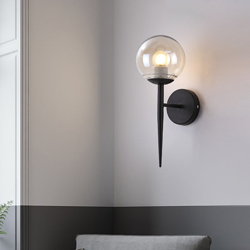 Mini Sphere Living Room Wall Lamp Clear Glass 1 Light Minimalism Sconce Ideas with Pencil Arm in Black/Gold Black Clearhalo 'Cast Iron' 'Glass' 'Industrial' 'Modern wall lights' 'Modern' 'Tiffany' 'Traditional wall lights' 'Wall Lamps & Sconces' 'Wall Lights' Lighting' 1789211