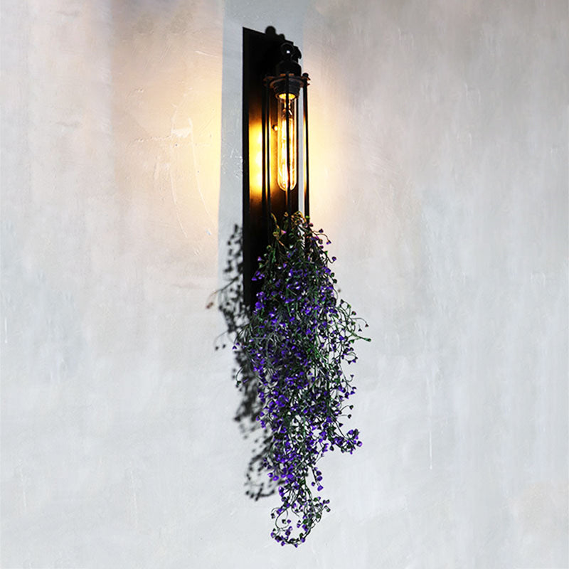Tubular Cage Corridor Wall Lighting Farm Iron 1-Head Yellow and Green/White/Purple and White Wall Light Fixture with Artificial Flower Purple-White Clearhalo 'Art deco wall lights' 'Cast Iron' 'Glass' 'Industrial wall lights' 'Industrial' 'Middle century wall lights' 'Modern' 'Rustic wall lights' 'Tiffany' 'Traditional wall lights' 'Wall Lamps & Sconces' 'Wall Lights' Lighting' 1789227