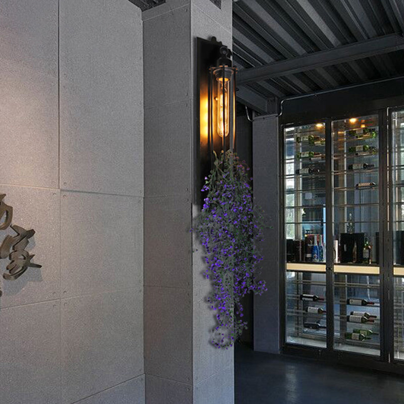 Tubular Cage Corridor Wall Lighting Farm Iron 1-Head Yellow and Green/White/Purple and White Wall Light Fixture with Artificial Flower Clearhalo 'Art deco wall lights' 'Cast Iron' 'Glass' 'Industrial wall lights' 'Industrial' 'Middle century wall lights' 'Modern' 'Rustic wall lights' 'Tiffany' 'Traditional wall lights' 'Wall Lamps & Sconces' 'Wall Lights' Lighting' 1789228