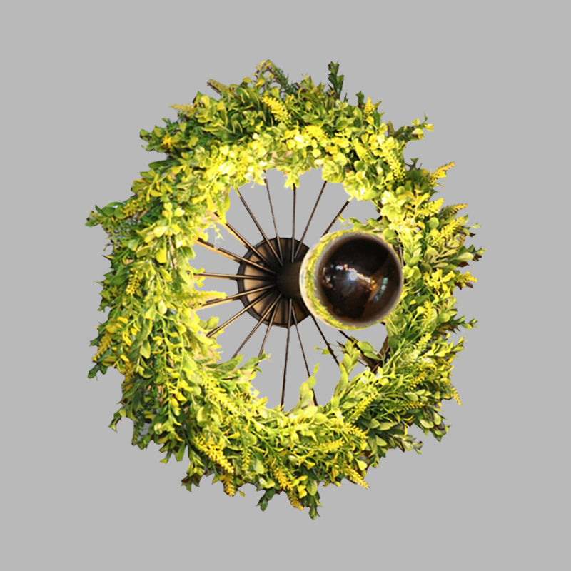 Green Wheel Wall Light Fixture Factory Iron 1 Bulb Restaurant Plant Wall Sconce Lighting Fixture, 16"/19.5" H Clearhalo 'Art deco wall lights' 'Cast Iron' 'Glass' 'Industrial wall lights' 'Industrial' 'Middle century wall lights' 'Modern' 'Rustic wall lights' 'Tiffany' 'Traditional wall lights' 'Wall Lamps & Sconces' 'Wall Lights' Lighting' 1789233